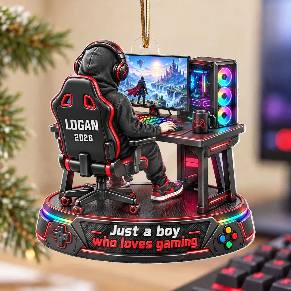 Personalized Acrylic Ornament, Boy Gaming in a Colorful Fantasy Scene, Creative Keepsake Gift for Son or Grandson