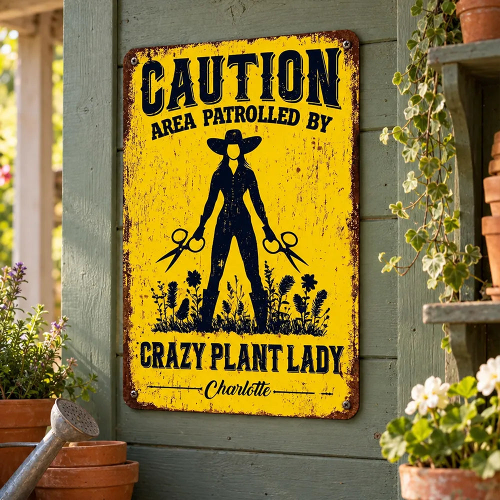 Crazy Plant Lady Rectangular Iron Sign, Vintage Gardener with Shears, Creative Gift for Plant Lovers