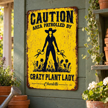 Crazy Plant Lady Rectangular Iron Sign, Vintage Gardener with Shears, Creative Gift for Plant Lovers
