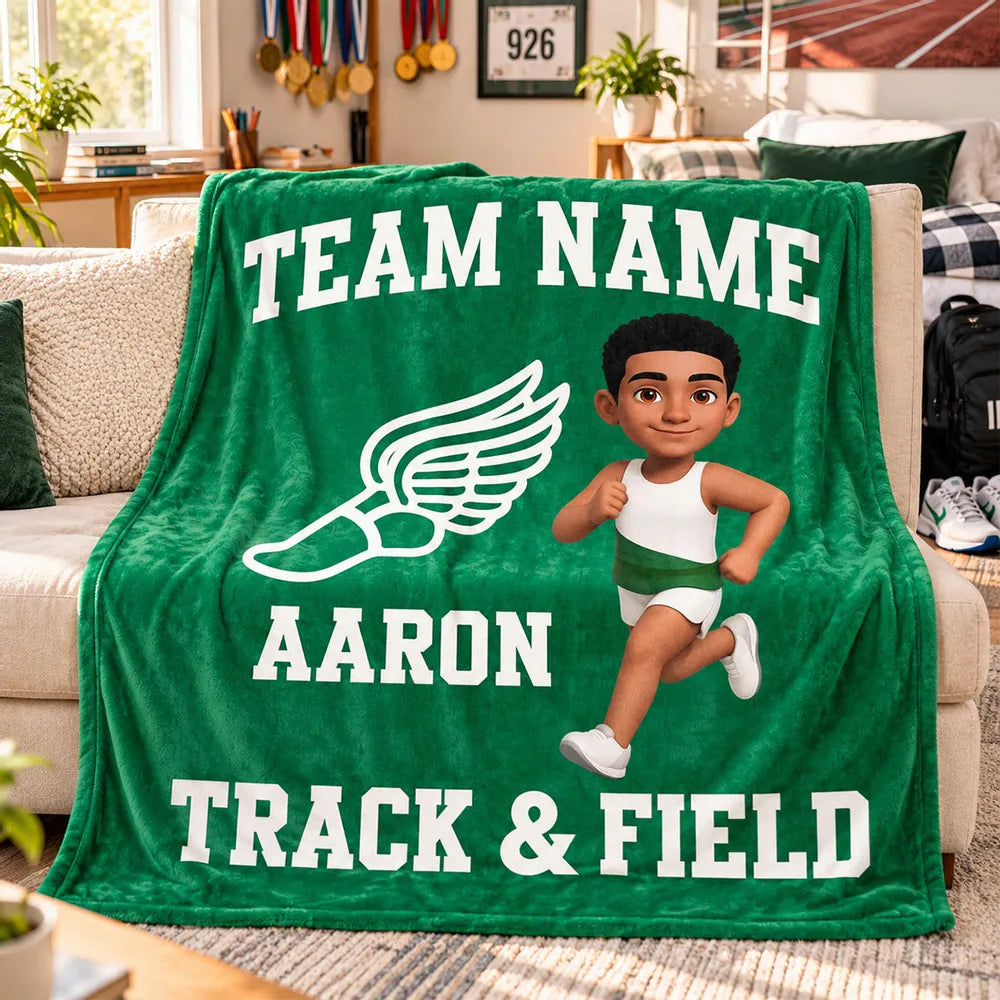 Personalized Track & Field Fleece Blanket, Red Running Girl Design, Unique Gift for Young Athletes