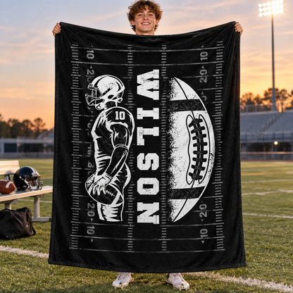 Personalized Fleece Blanket, Football Player Holding the Ball on the Field, Unique Gift for Son or Grandson