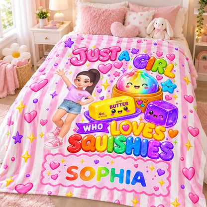 Personalized Fleece Blanket, Waving Girl with Rainbow Squishies, Unique Gift for Daughter
