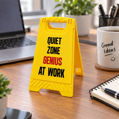Personalized Warning Sign Phone Stand, Bright Yellow Office Desk Accent, Unique Gift for Coworker