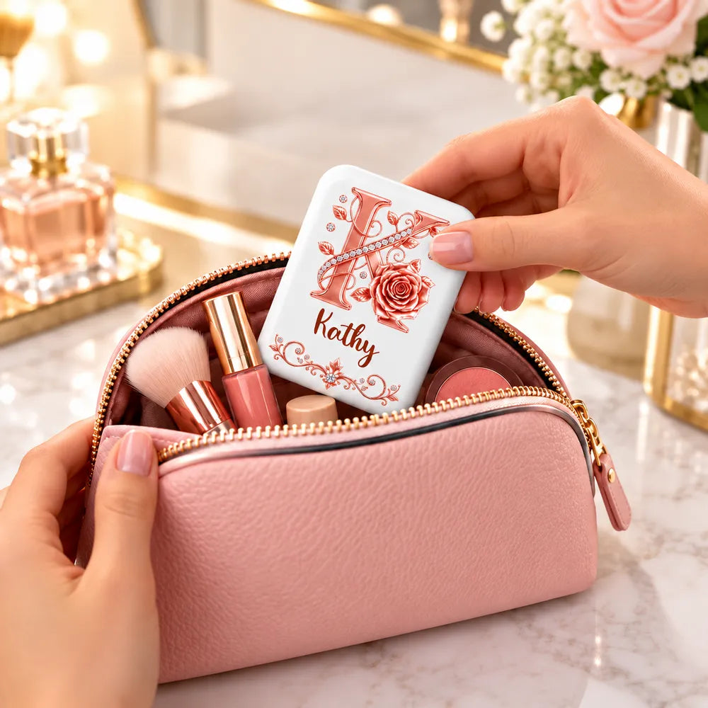 Personalized LED Pocket Mirror, Floral Design for Makeup Touch-Ups at a Sunny Cafe, Unique Gift for Her