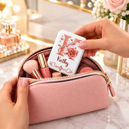 Personalized LED Pocket Mirror, Floral Design for Makeup Touch-Ups at a Sunny Cafe, Unique Gift for Her