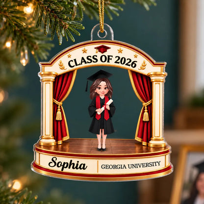 Personalized Acrylic Ornament, Female Graduate on Stage, Red and Gold Unique Creative Christmas Gift for Graduate