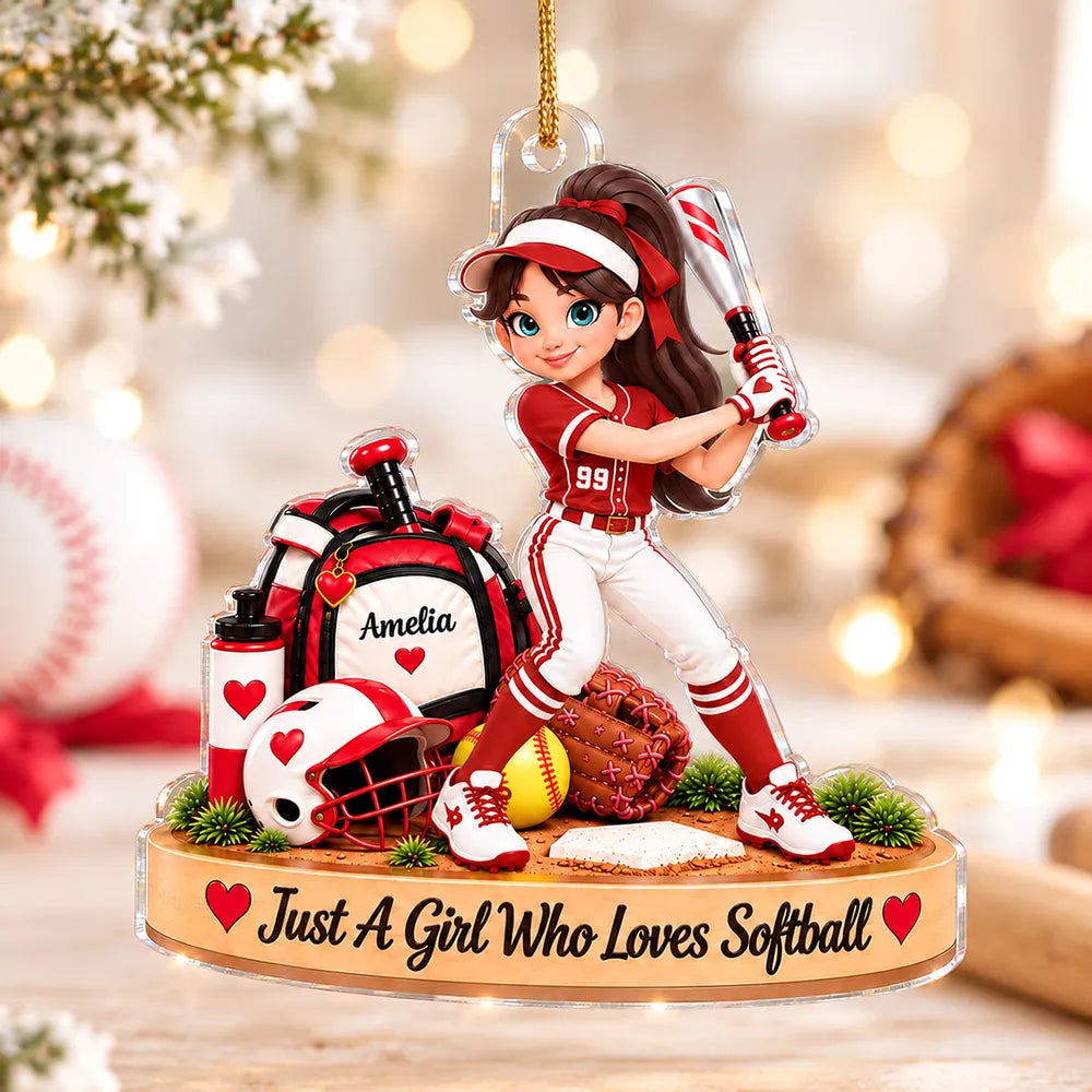 Personalized Acrylic Ornament, Cartoon Softball Player Swinging a Bat, Unique Christmas Gift for Daughter