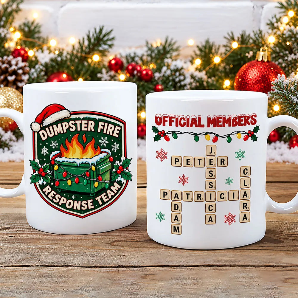 Personalized Mug with Funny Dumpster Fire Team Design, Red and Green Christmas Gift for Coworkers