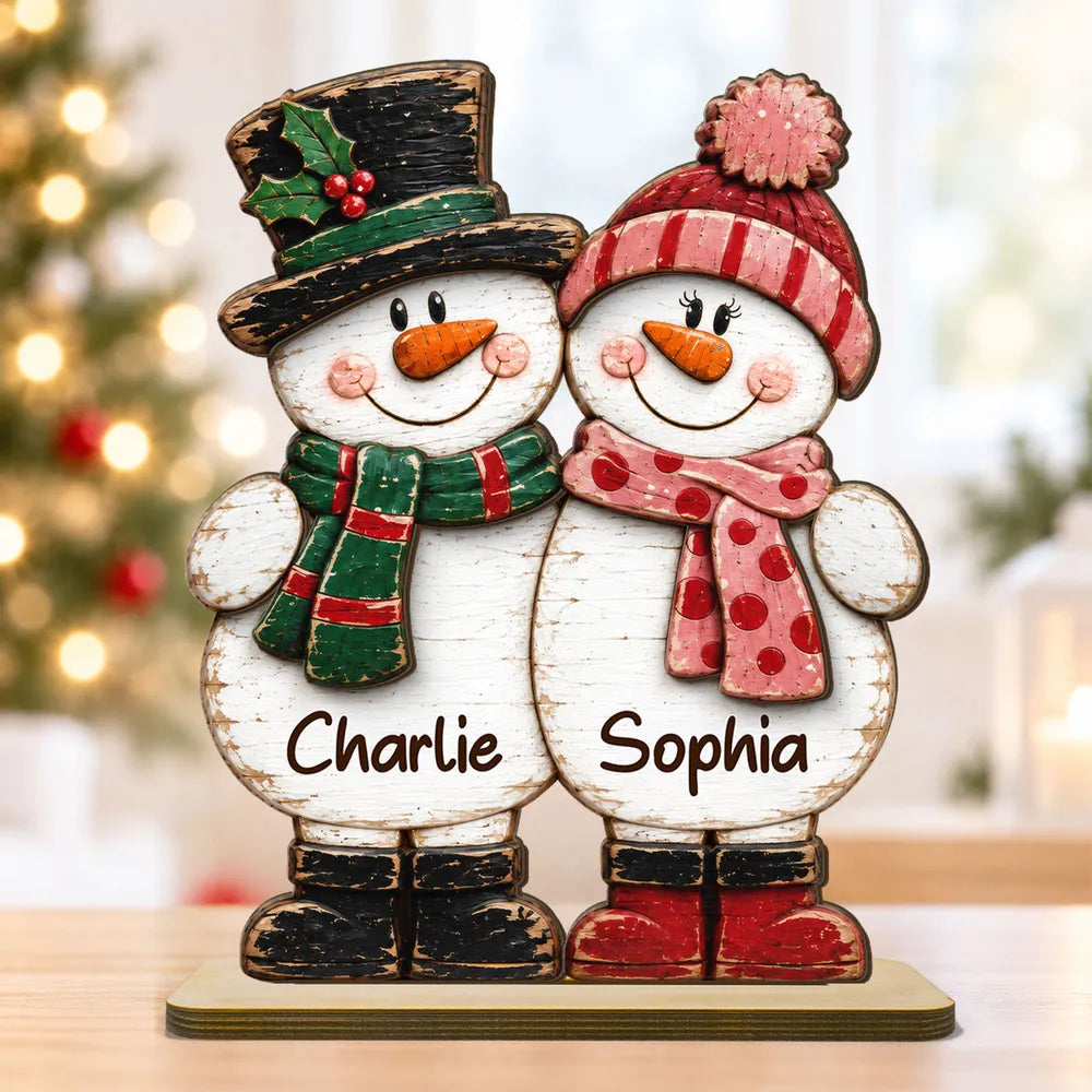 Personalized 2-Layer Wooden Plaque, Rustic Snowman Couple Standing Together, Unique Christmas Gift for Couples