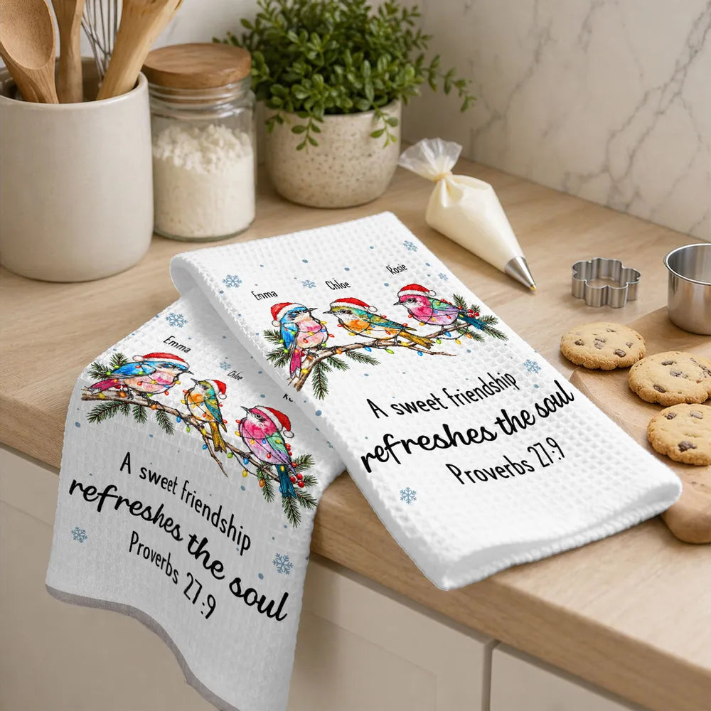 Personalized Kitchen Towel, Colorful Birds Perched on Evergreen, Unique Creative Gift for a Close Friend