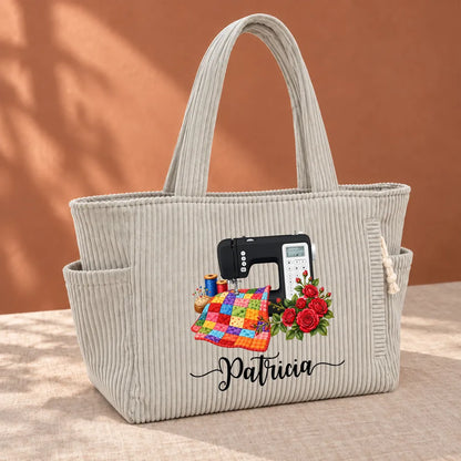 Personalized Corduroy Side Pocket Tote, Floral Sewing Machine Design, Unique Gift for Sewing Lovers