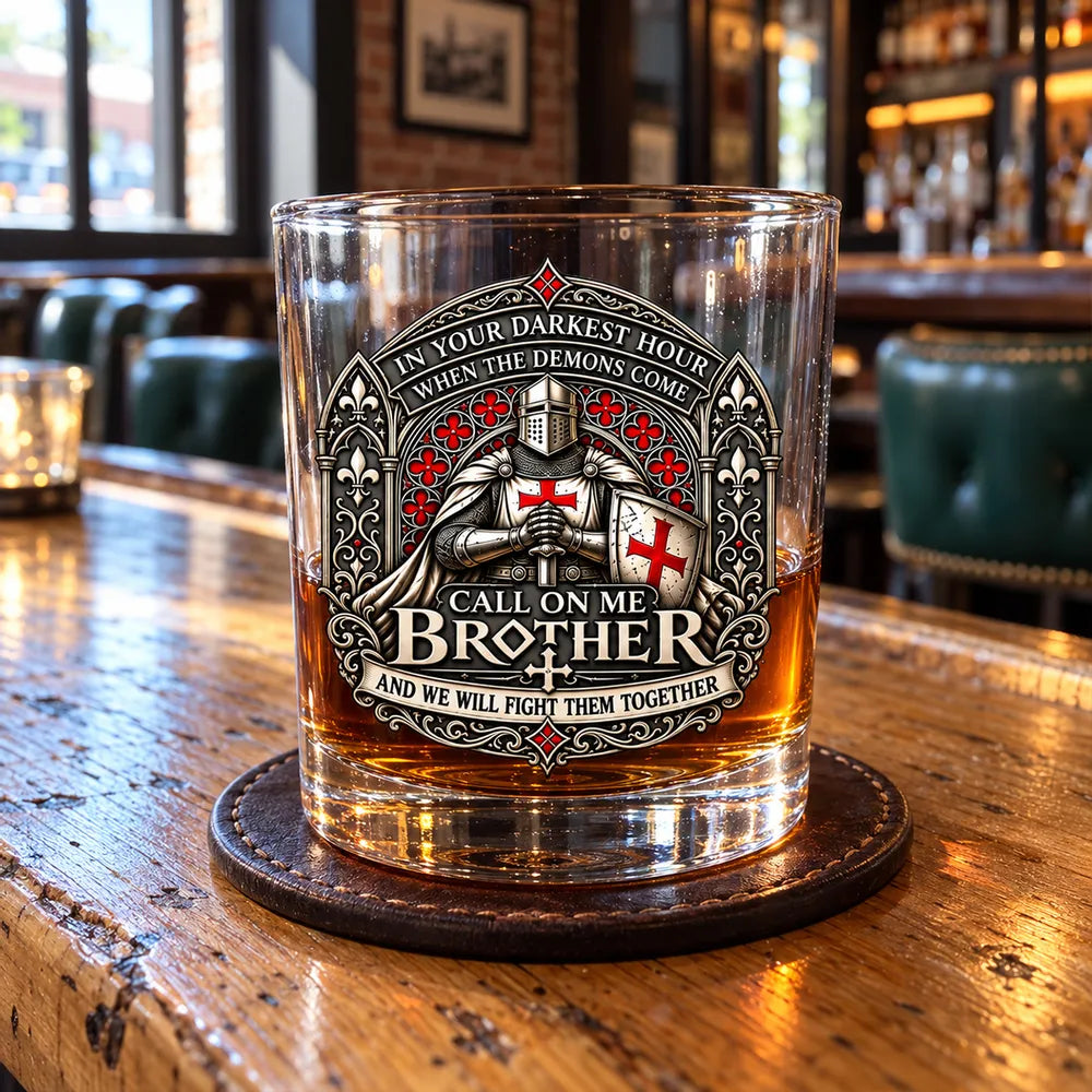 Personalized Whiskey Glass with Armored Knights, Unique Gift for Brother in Red, Black and Gold