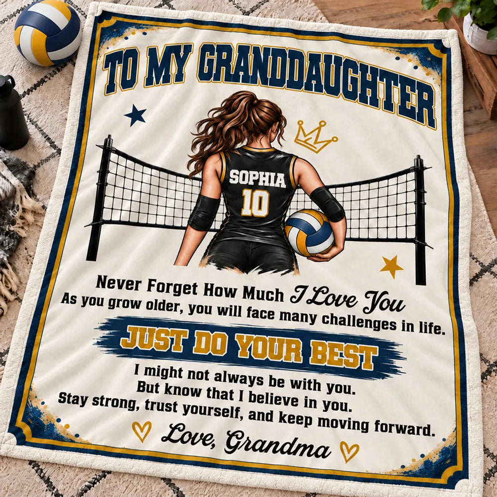 Personalized Fleece Blanket, Navy and Gold Volleyball Player by Net, Unique Gift for Granddaughter