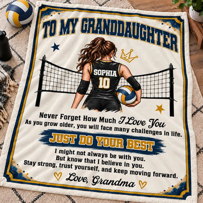 Personalized Fleece Blanket, Navy and Gold Volleyball Player by Net, Unique Gift for Granddaughter