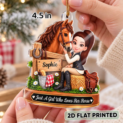 Personalized Acrylic Ornament, Girl Cuddling a Chestnut Horse at a Rustic Stable, Unique Christmas Gift for Horse Lover