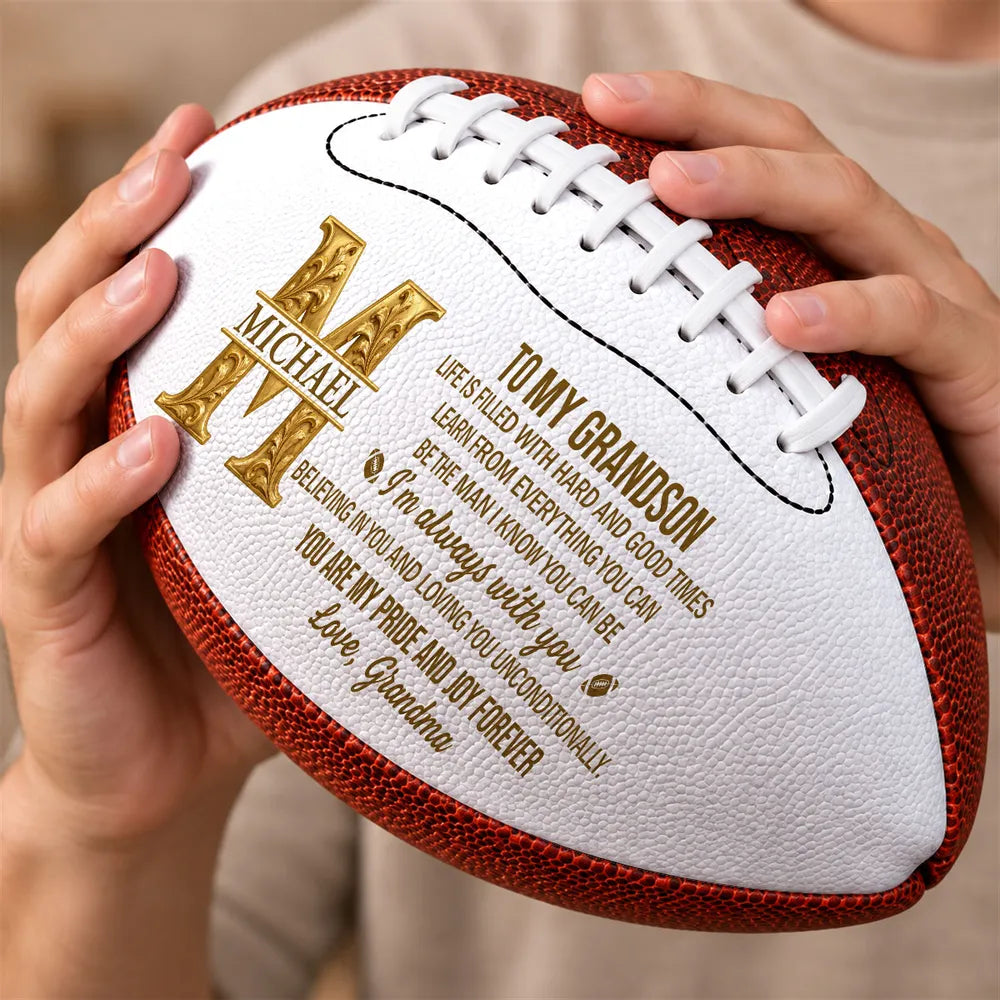 Personalized Leather Football Held in a Locker Room, Heartfelt Creative Gift for a Grandson Who Loves Football