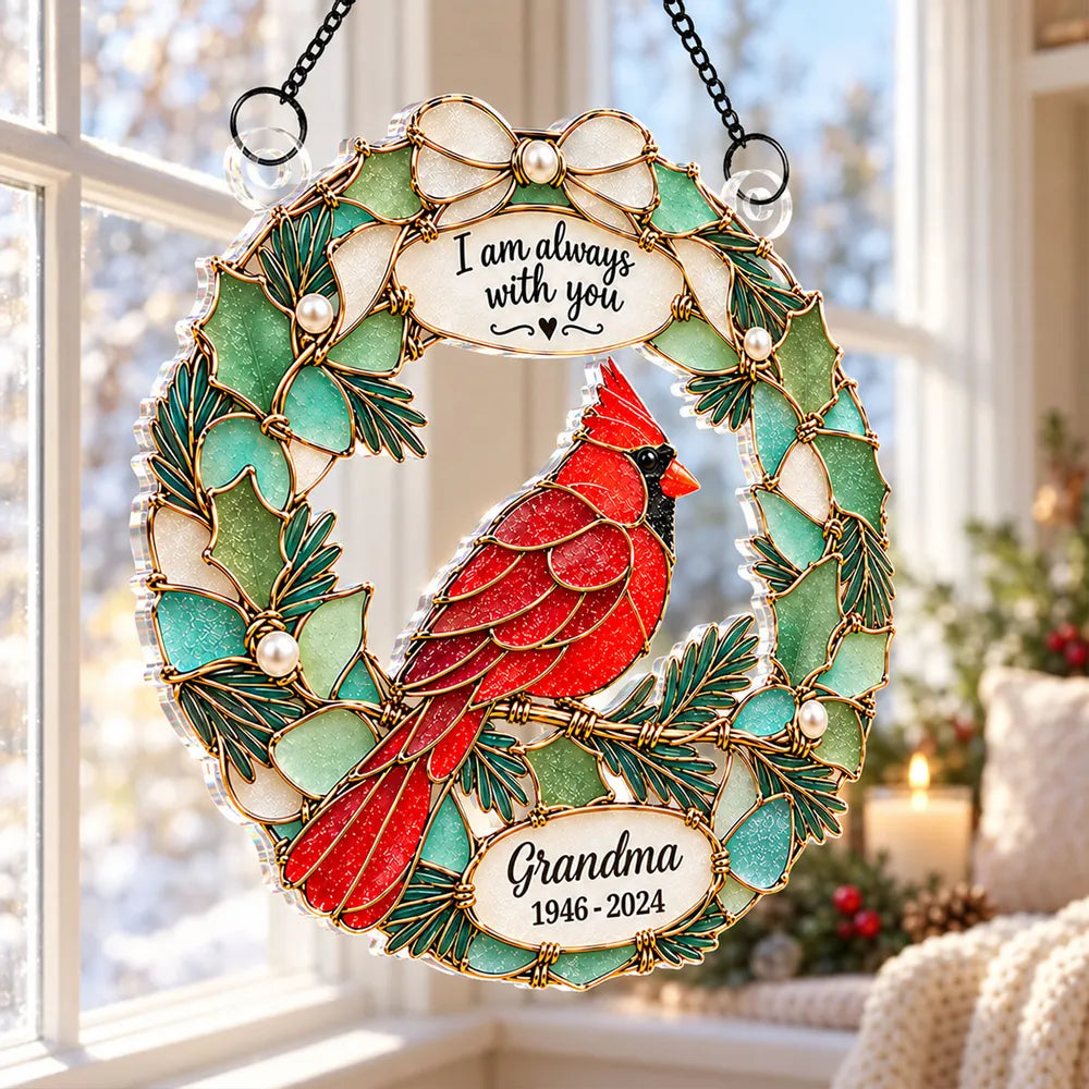 Personalized Acrylic Suncatcher Ornament, Red Cardinal Wreath for a Sunlit Window, Unique Memorial Gift for Family