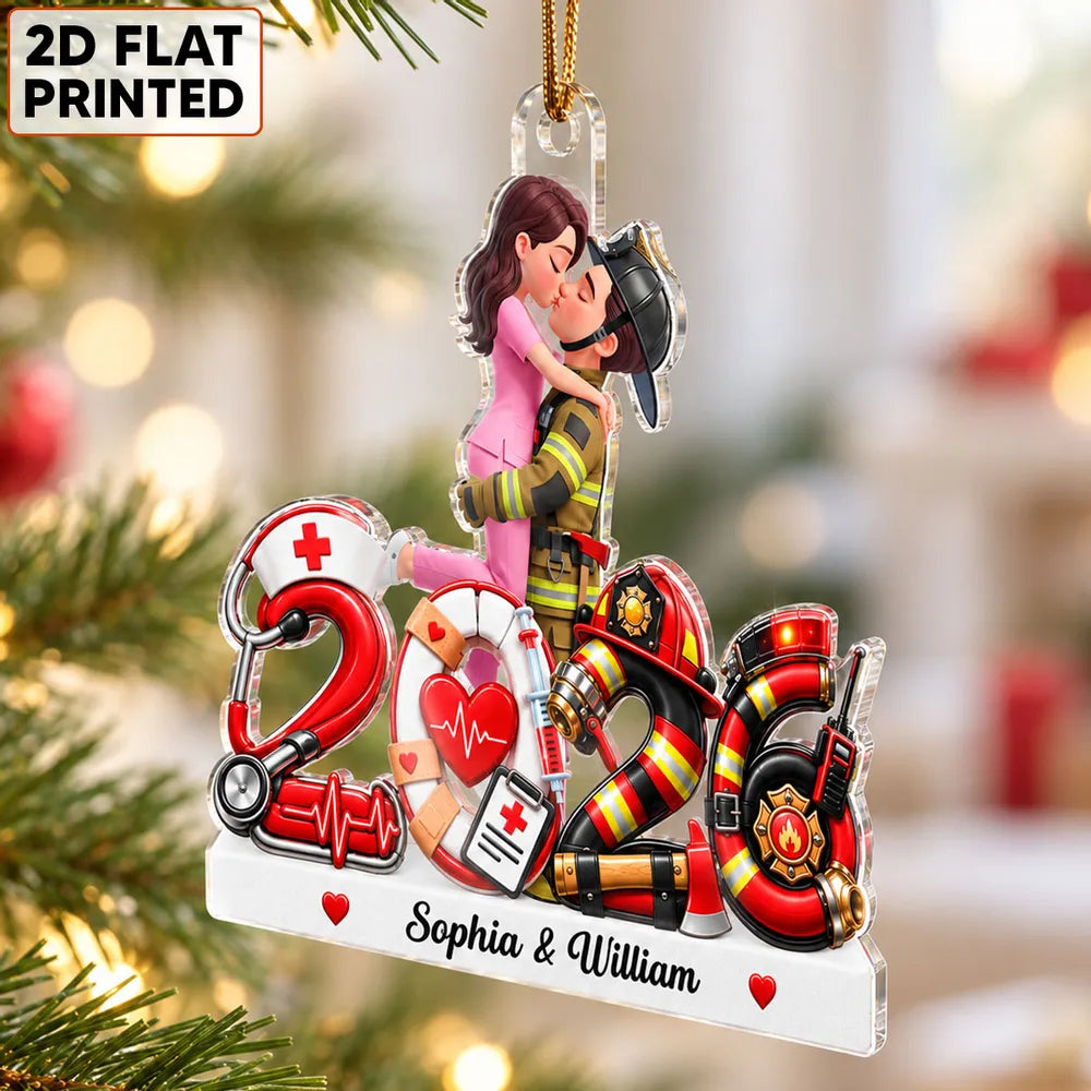 Personalized Acrylic Ornament, Red Illustrated Kissing Nurse & First Responder, Unique Christmas Gift for Couples