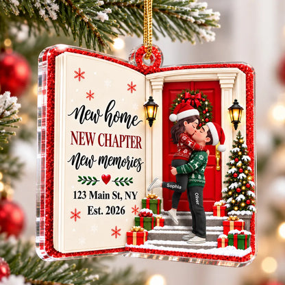 Personalized Acrylic Ornament, New Home Christmas Keepsake with Kissing Couple, Unique Housewarming Gift