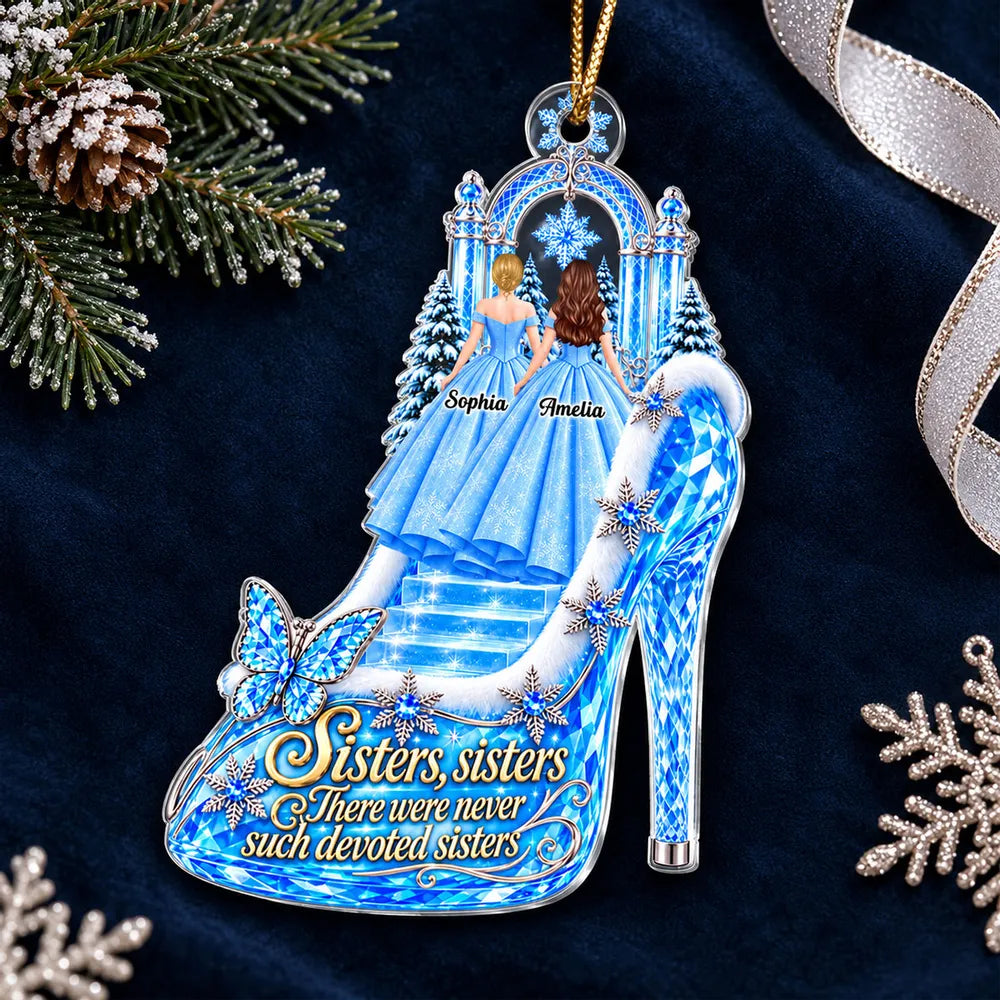 Personalized Acrylic Ornament, Sisters Standing by a Snowy Palace in a Princess Heel, Unique Christmas Gift for Sister