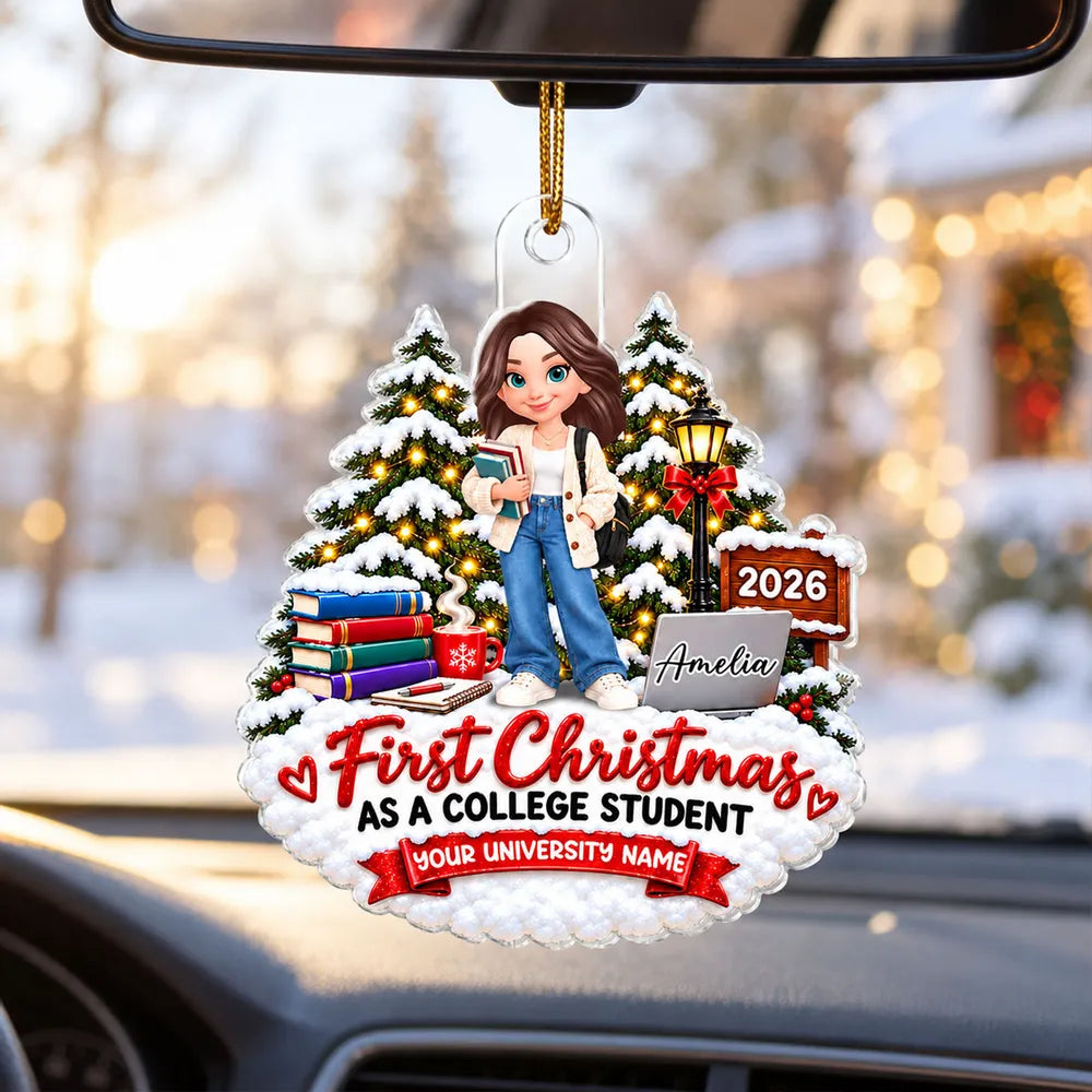 Personalized Acrylic Ornament, College Student Holding Books in a Snowy Christmas Scene, Unique Gift for Daughter