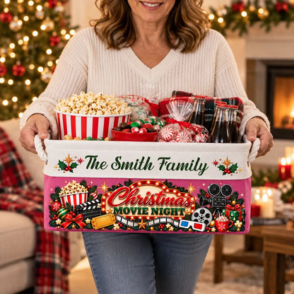 Personalized Rope Basket, Family Watching a Christmas Movie in a Cozy Living Room, Unique Gift