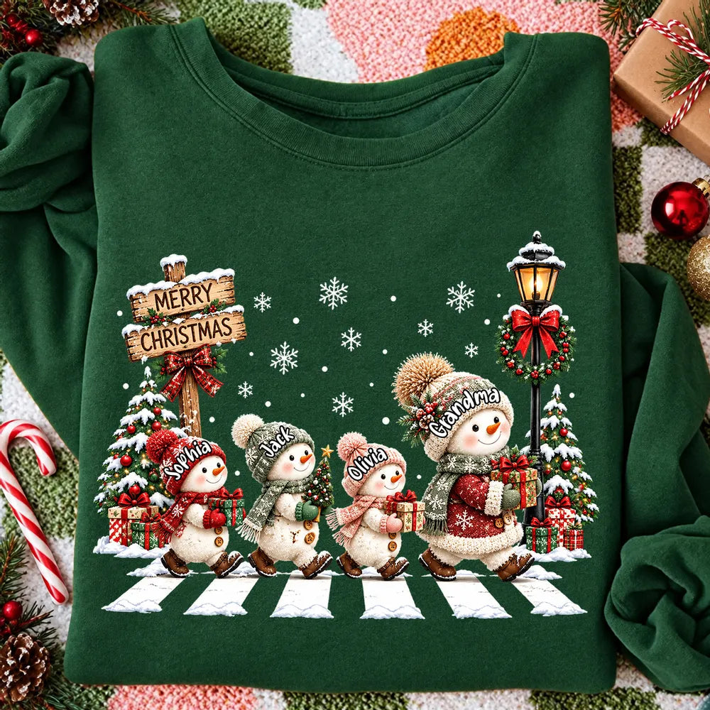 Personalized Sweatshirt, Grandma and Grandkids Walking on a Snowy Street, Unique Christmas Gift for Grandma