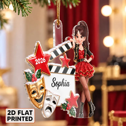 Personalized Acrylic Ornament, Theater Girl Leaning on Clapperboard, Unique Christmas Gift for Daughter