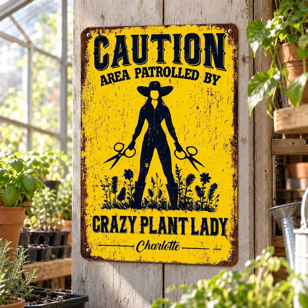 Crazy Plant Lady Rectangular Iron Sign, Vintage Gardener with Shears, Creative Gift for Plant Lovers