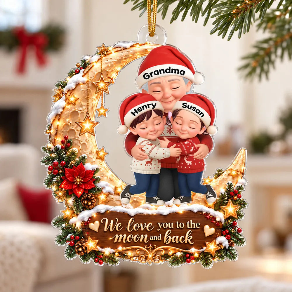 Personalized Acrylic Ornament, Grandma and Grandkids Hugging on a Red and Gold Moon, Unique Christmas Gift