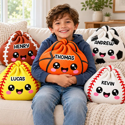 Personalized Sports Ball Shaped Pillow, Hugged by a Smiling Child on a Cozy Sofa, Unique Gift for Sports Fans