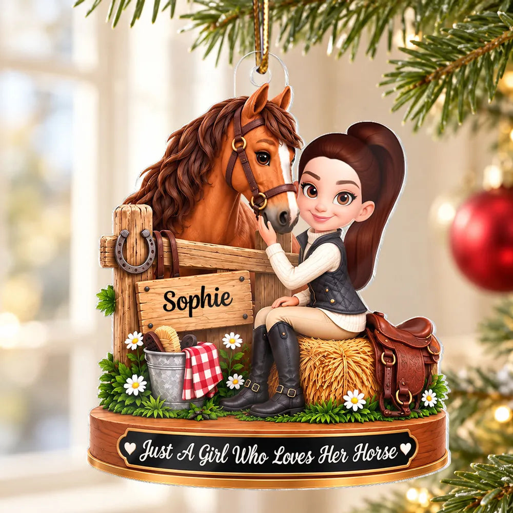 Personalized Acrylic Ornament, Girl Cuddling a Chestnut Horse at a Rustic Stable, Unique Christmas Gift for Horse Lover