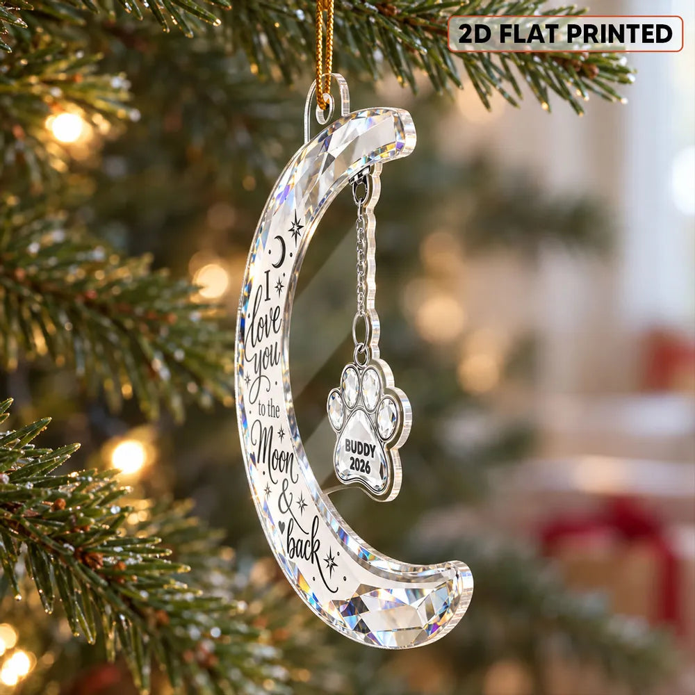 Personalized Acrylic Ornament, Faceted Moon & Paw Memorial on an Evergreen, Unique Gift for Pet Owners