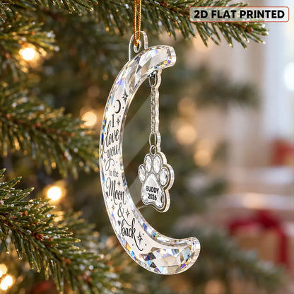 Personalized Acrylic Ornament, Faceted Moon & Paw Memorial on an Evergreen, Unique Gift for Pet Owners