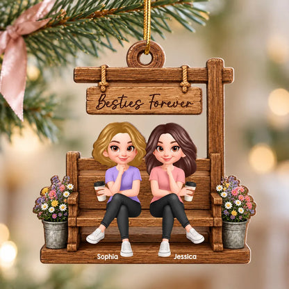 Personalized Wooden Ornament, Besties Forever Friends Sitting on a Warm Brown Bench, Unique Christmas Gift for Sister, Besties