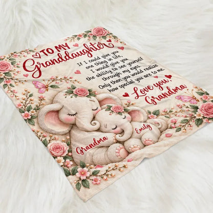 Personalized Fleece Blanket with Cuddling Elephants & Pink Florals, Unique Gift for Granddaughter