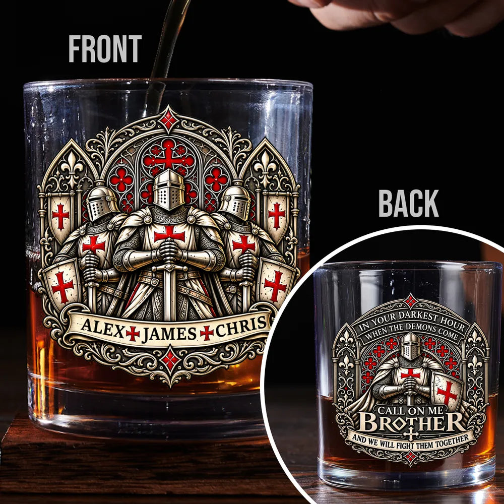 Personalized Whiskey Glass with Armored Knights, Unique Gift for Brother in Red, Black and Gold