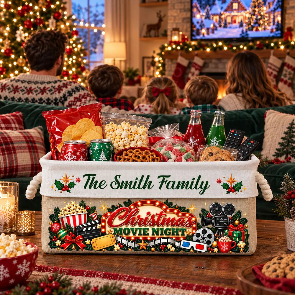 Personalized Rope Basket, Family Watching a Christmas Movie in a Cozy Living Room, Unique Gift