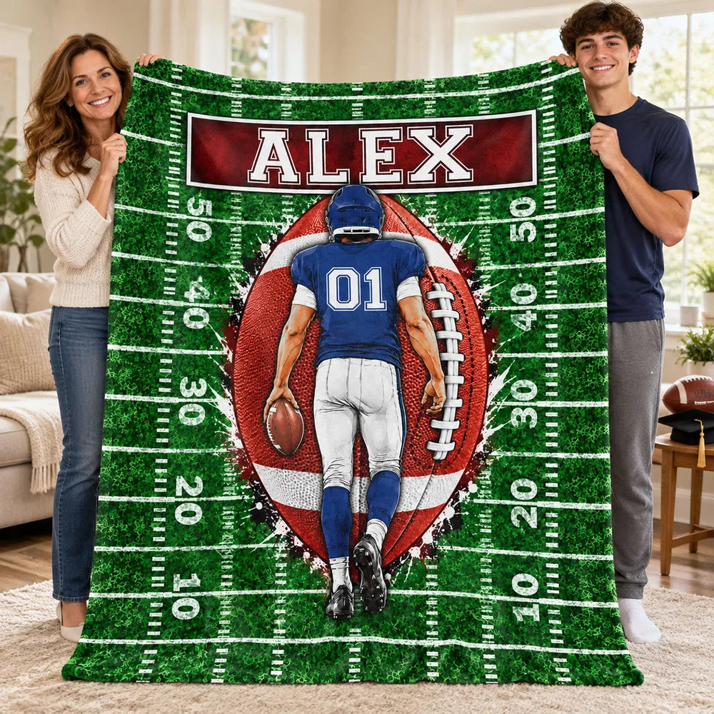 Personalized Fleece Blanket, Football Player Walking on Green Field, Unique Gift for Son or Grandson