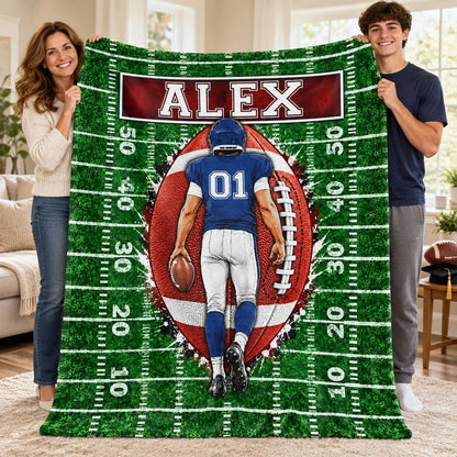 Personalized Fleece Blanket, Football Player Walking on Green Field, Unique Gift for Son or Grandson