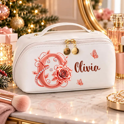 Personalized Leather Makeup Bag, Blush Rose and Butterfly Design, Unique Gift for Her