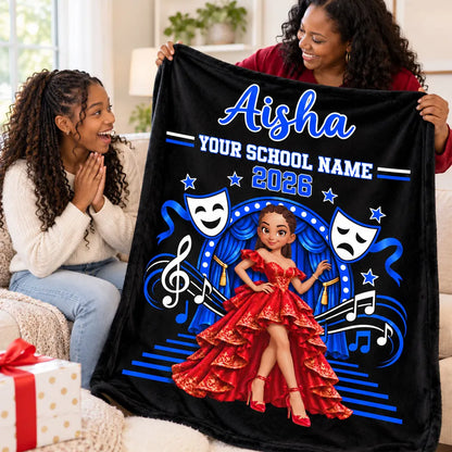 Personalized Fleece Blanket Featuring a Posing Theater Girl on a Red Stage, Unique Gift for Drama Students