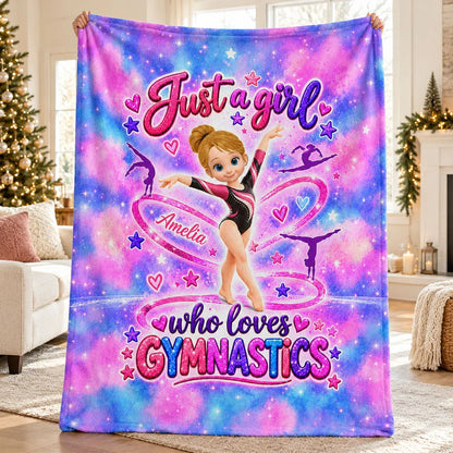 Personalized Fleece Blanket, Posing Cartoon Gymnast in Pink Galaxy Style, Unique Gift for Daughter