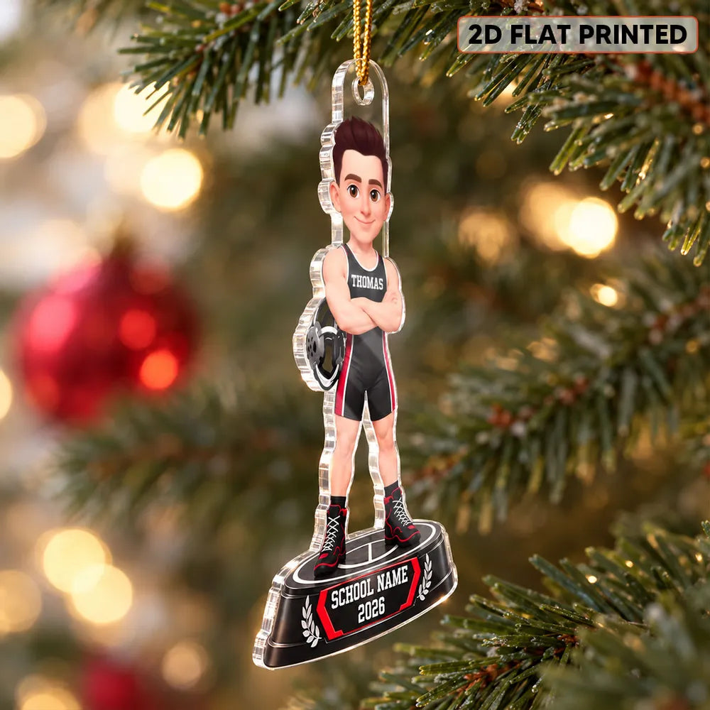 Personalized Acrylic Ornament, Black and Red Cartoon Wrestler Holding Headgear, Unique Christmas Gift for Grandchildren