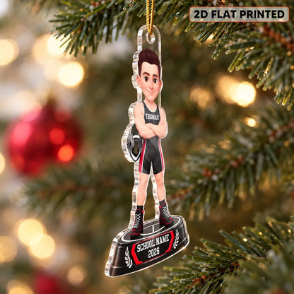 Personalized Acrylic Ornament, Black and Red Cartoon Wrestler Holding Headgear, Unique Christmas Gift for Grandchildren