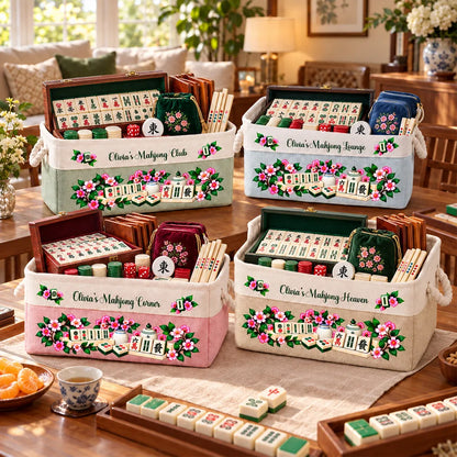 Personalized Rope Basket with Floral Mahjong Art, Warm Neutral Storage and Unique Gift for Players