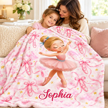 Personalized Fleece Blanket with Dancing Ballerina, Pink Watercolor Keepsake, Unique, Creative Gift for Daughter