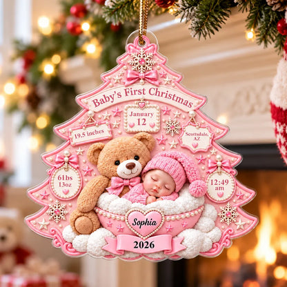 Baby's First Christmas Acrylic Ornament, Sleeping Baby and Teddy Bear Keepsake, Personalized Creative Gift for Family
