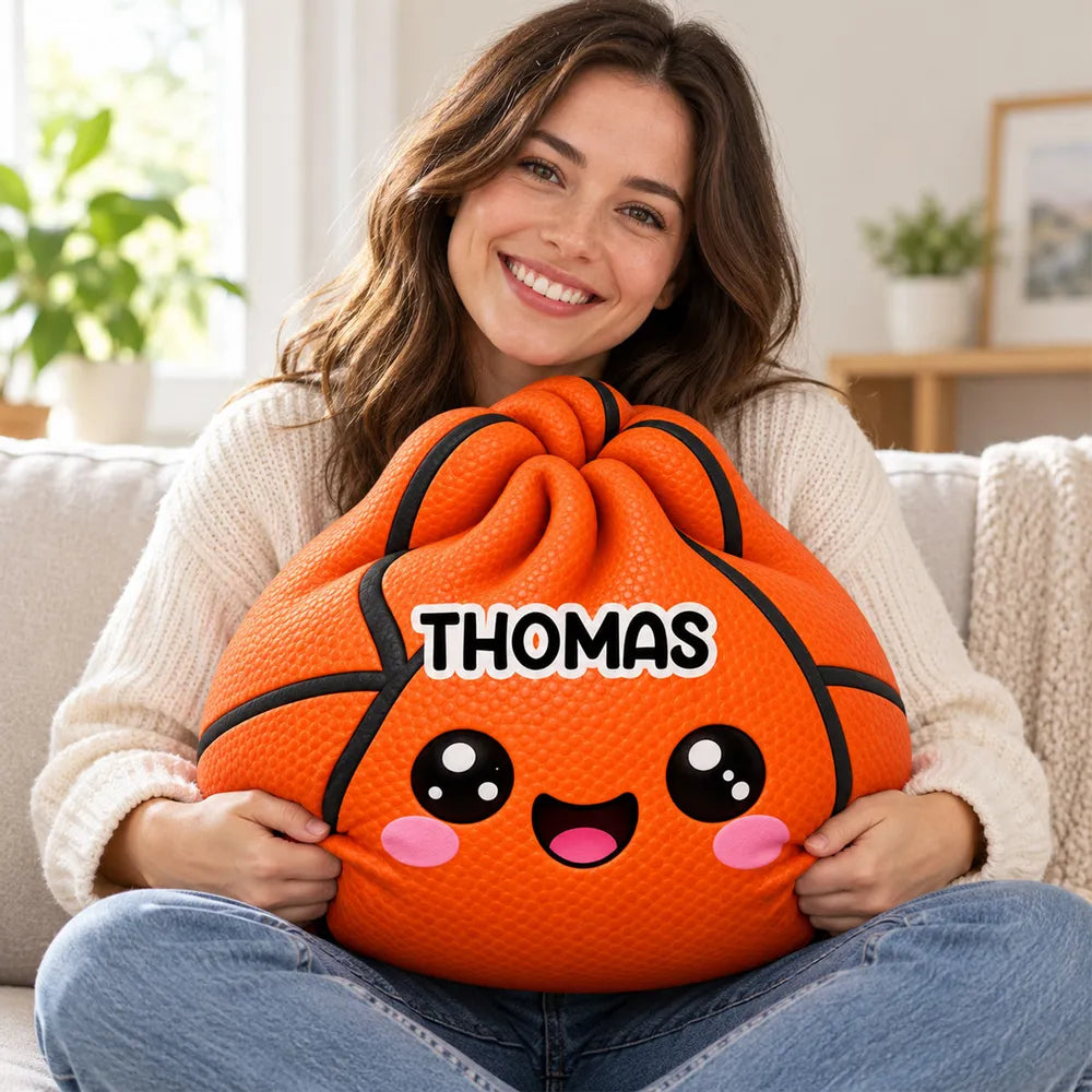 Personalized Sports Ball Shaped Pillow, Hugged by a Smiling Child on a Cozy Sofa, Unique Gift for Sports Fans