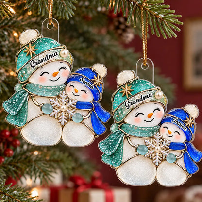 Personalized Acrylic Ornament, Teal and Blue Grandma and Grandchild Snowmen, Unique Christmas Gift for Grandma